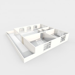 3d interior rendering perspective view of empty paper model home apartment