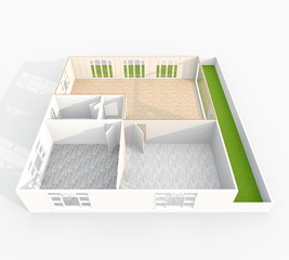 3d interior rendering perspective view of empty home apartment with floor materials and balcony