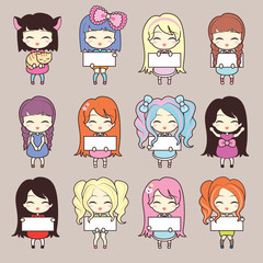 Set collections of cute girls holding blank frames.