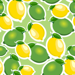 Fototapeta na wymiar Seamless pattern with big lemons and limes with leaves. Light green background.