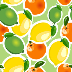 Seamless pattern with lemon, orange, lime stickers. Fruit isolated on a light green background