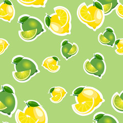 Seamless pattern with lemons and limes with leaves and slices stickers. Light green background.