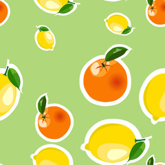 Seamless pattern with lemon, orange stickers. Fruit isolated on a light green background