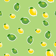 Seamless pattern with small lemons and limes with green leaves. Light green background.