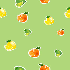 Seamless pattern with small lemon, orange, lime with slices. Fruit isolated on a light green background