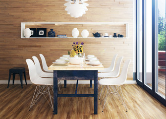 gedeckter Esstisch vor Holzwand - Lunch ready Table in front of a wooden wall