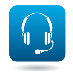 Headphones with microphone icon in flat style in blue square. Device symbol