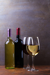 Glasses and bottles of red and white wine