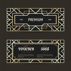 Set of two gift vouchers in Art Deco style. Gift card template. Coupon discount collection. Voucher vector design. Coupon template with minimalistic design.