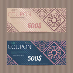 Gift voucher with luxury design. Vector template for coupon or discount card. Tickets with abstract floral tiles. Sales layouts.