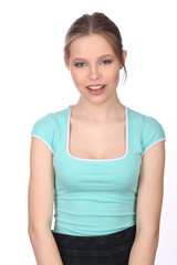 Fototapeta premium Smiling model with makeup posing. Close up. White background
