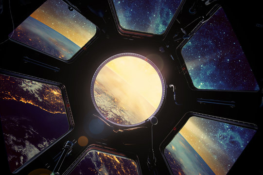 Earth and galaxy in spaceship window porthole. Elements of this image furnished by NASA.