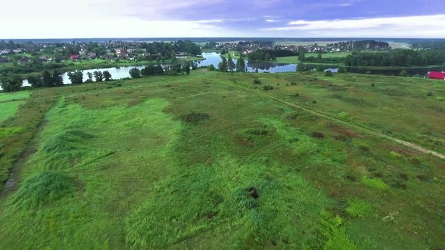 misty fields in morning birds eye view