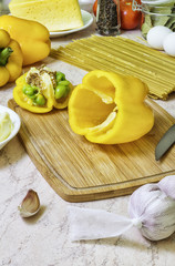 Sweet peppers, cheese pasta and other foods.