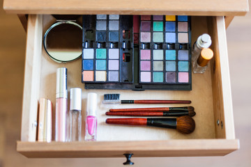 cosmetic set in open drawer