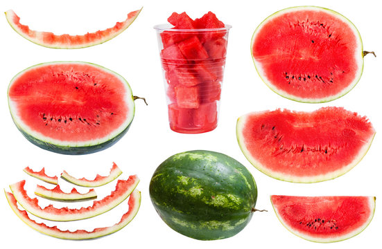 set from whole and sliced watermelons and rinds