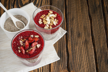 Chia pudding on a table. Top view