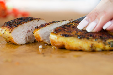 sliced roasted meat barbecue knife macro