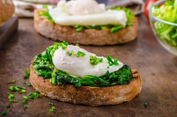 Bread with poached eggg and spinach