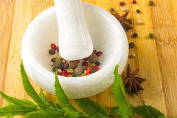 Fresh spearmint herb in the mortar