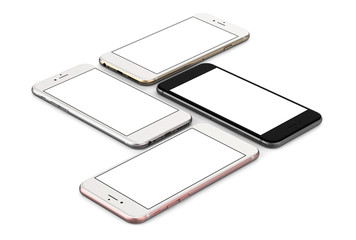 Set of four smartphones gold, rose, silver and black - blank screen and isolated on white background, high resolution,  Template, mockup.