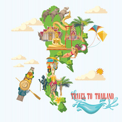 Obraz premium Travel Thailand landmarks. Thai vector icons. Vacations poster with thai ethnic elements