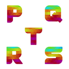 Colorful alphabet. Serie of letters formed by geometric shapes, triangles. White background. Isolated. Letter p, q, r, s, t.