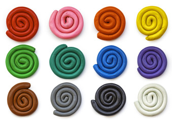 Set of plasticine palettes. Handmade spirals with shadows isolated on white background. Templates spots of modelling clay. - 118688129