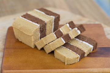 chocolate chiffon cake on wooden