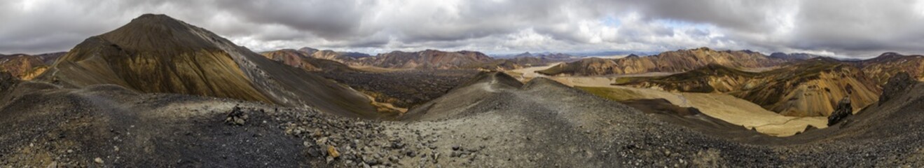 360 degree panorama view over the lava field of Laugahraun and the colorful mountains of...