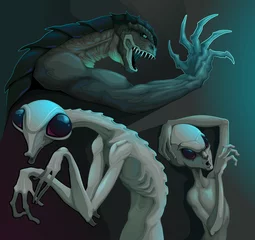 Gordijnen Three types of aliens: reptilian, grey and insectoid © ddraw