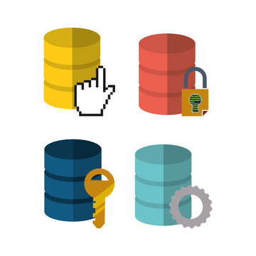 web hosting gear key padlock data center security system technology icon set. Colorful and flat design. Vector illustration