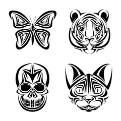 skull butterfly tiger cat tattoo draw abstract icon. flat and isolated design. Vector illustration