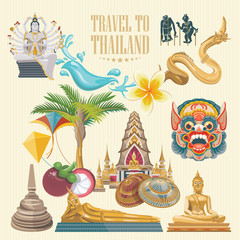 Fototapeta premium Travel Thailand landmarks. Thai vector icons. Vacations poster with thai ethnic elements