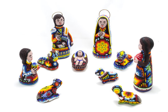 huichol nativity scene decorated with colorful beads