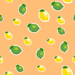 Seamless pattern with small lemons and limes with green leaves. Orange background.