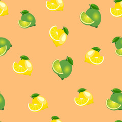 Seamless pattern with lemons and limes with leaves and slices. Orange background.