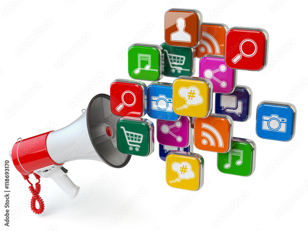 Poster megaphone with cloud of application icons. digital marketing con