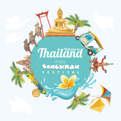 Naklejka premium Songkran Festival in Thailand. Thai holidays. Cartoon Vector illustration