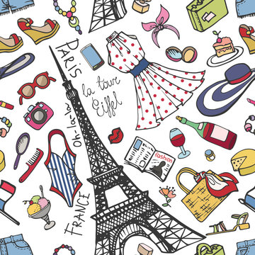 Paris France fashion seamless pattern.Summer Womancolored wear