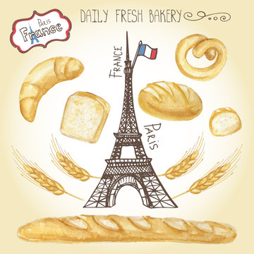 Watercolor French pastry , Bread set.Eiffel tower