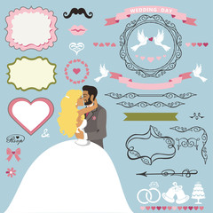 Wedding invitation decor elements set with Kissing couple