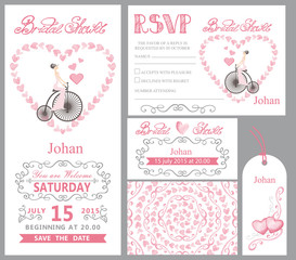 Wedding invitation.Bride onretro bike,Pink decor
