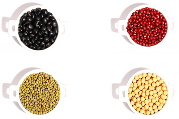 Beans in Cooking Pots: Soybeans, Green Beans, Black Beans, Red Beans on White Background