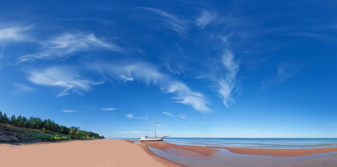 Panorama sea beach with yacht. - 118696330