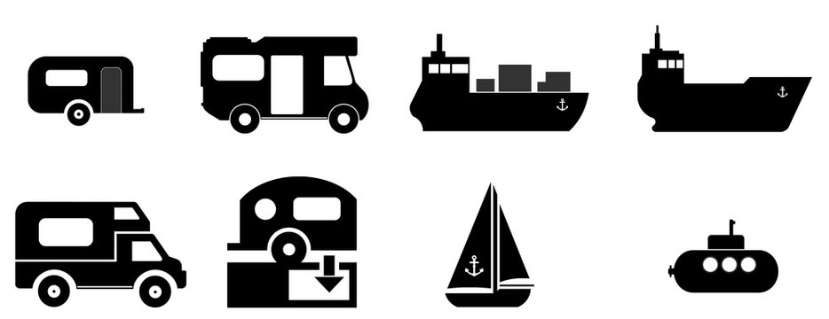 Camping-car et bateau en 8 icônes	