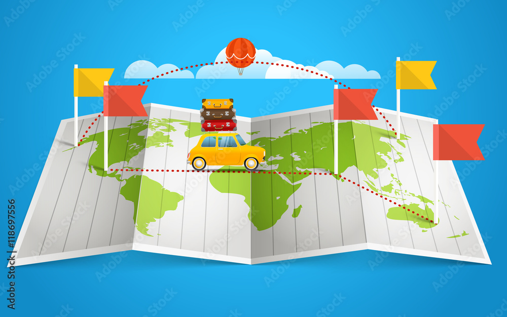 Aufkleber World map with red flag and vehicle. Design elements