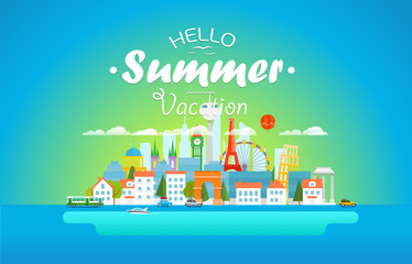 Hello summer vacation concept. Cityscape Vector illustration