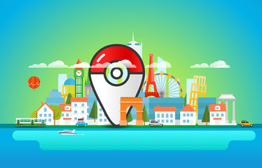 Find place concept. Cityscape with color pin Vector illustration
