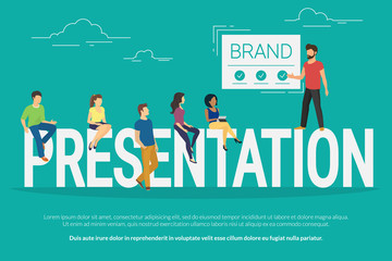 Fototapeta premium Presentation concept illustration of young people attending the professional gathering and manager represented a new brand or concept. Flat design of guys and young women sitting on the big letters